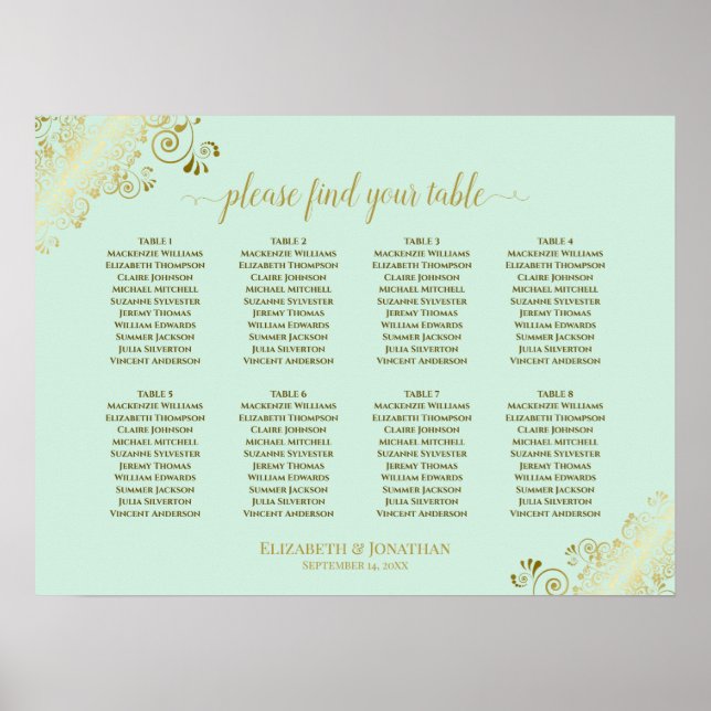 8 Table Wedding Seating Chart Mint Green & Gold (Front)