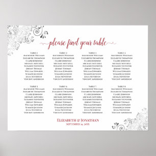 8 Table White & Red Frilly Wedding Seating Chart