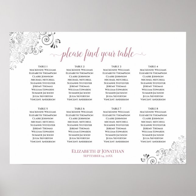8 Table White & Rose Frilly Wedding Seating Chart (Front)