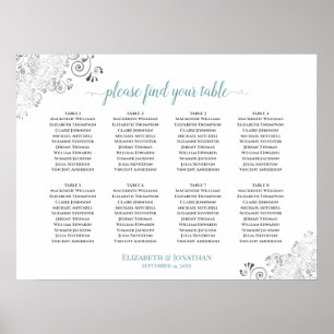 8 Table White & Teal Frilly Wedding Seating Chart