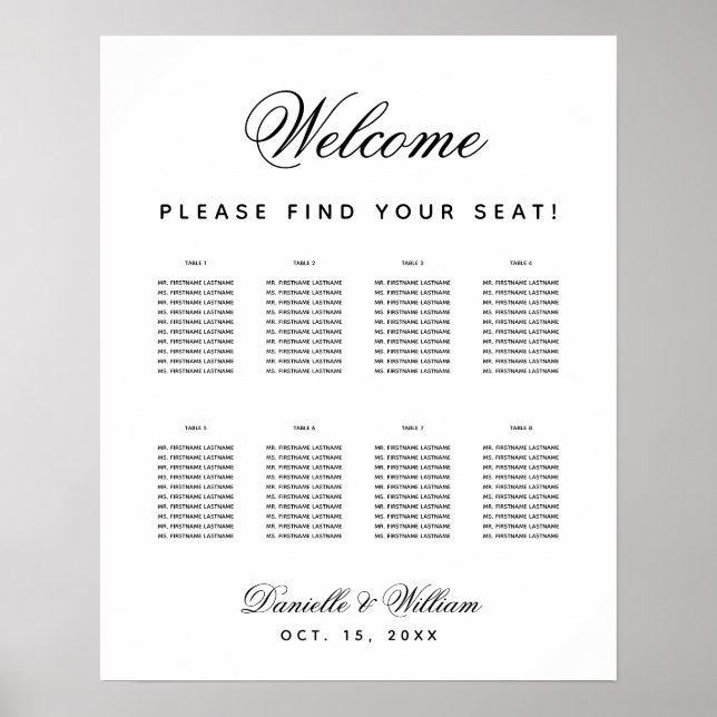8 Tables Black White Simple Wedding Seating Chart (Front)
