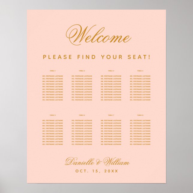 8 Tables Blush Wedding Simple Pink Seating Chart (Front)