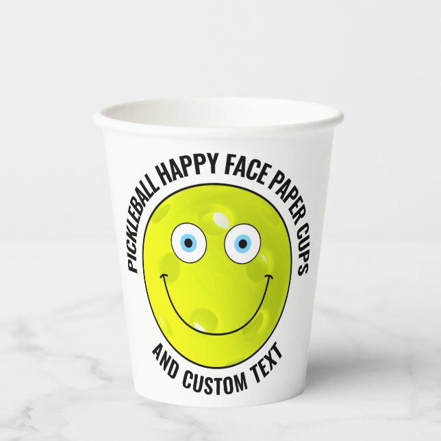 8 x Custom Pickleball Party BLUE EYES Happy Face Paper Cups (Front)