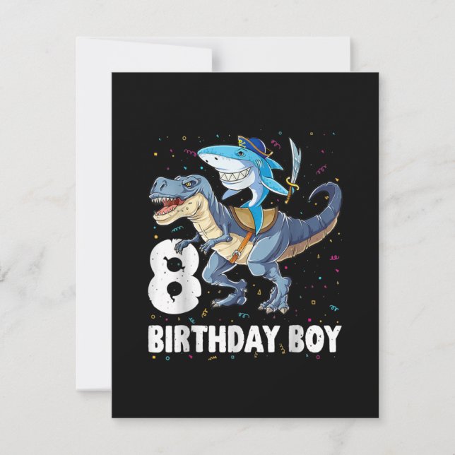 8 year old, 8th Birthday Boy Shark Dinosaur Prirat Invitation (Front)