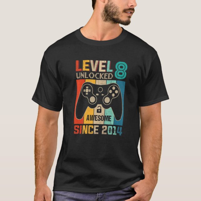 8 Year Old Boy Level 8 Unlocked Awesome 2014 Birth T-Shirt (Front)