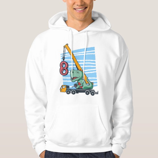 8 years 8th Birthday Mobile Crane Dinosaur Hoodie (Front)