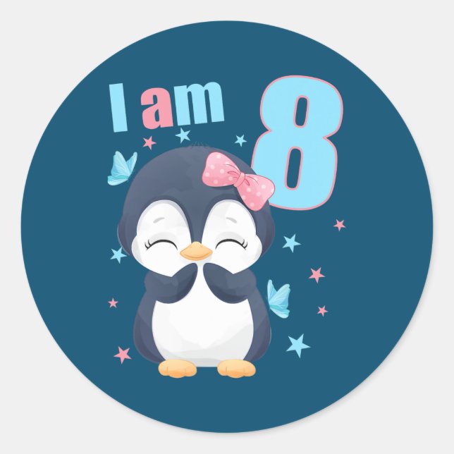 8 Years old 8 birthday outfit Boy girl Penguin  Classic Round Sticker (Front)