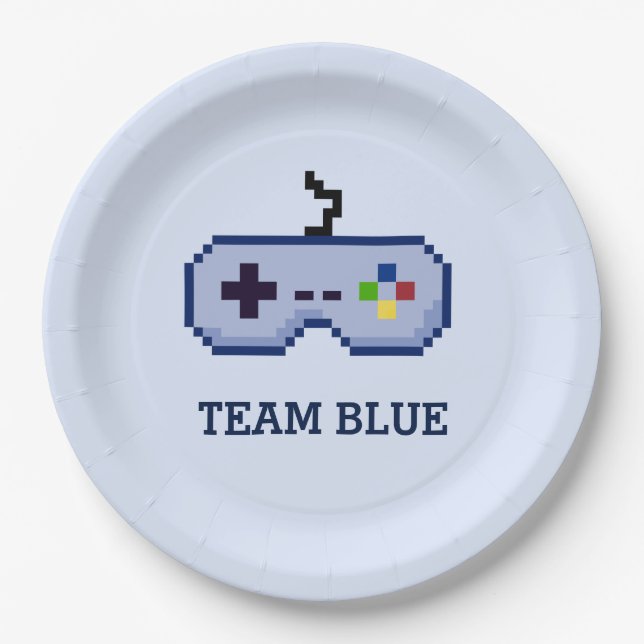 8bit Gamer Gender Reveal Team Blue Paper Plate (Front)