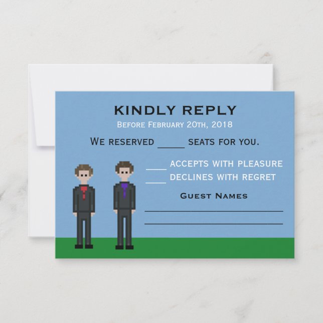 8bit Pixel Gamer Groom & Groom Wedding RSVP Card (Front)