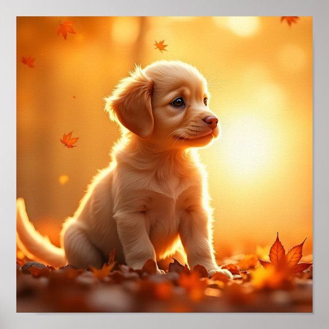 8K- Golden Retriever in Autumn Maple Leaves Poster (Front)