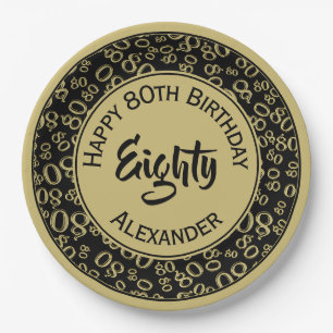 8Oth Birthday Random Number Pattern Black/Gold Paper Plate