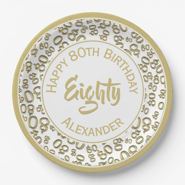 8Oth Birthday Random Number Pattern Gold/White Paper Plate (Front)