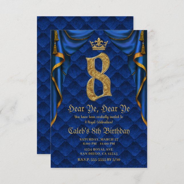 8TH 8 Birthday Party Royal Blue Gold Crown   Invitation (Front/Back)