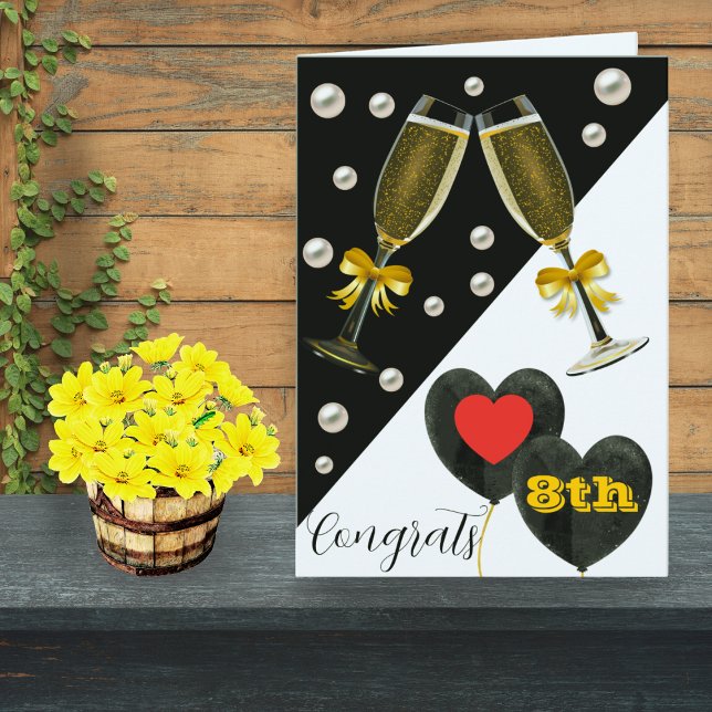 8th Anniversary Card–Pearl, Wine Glasses & Hearts Card (Creator Uploaded)