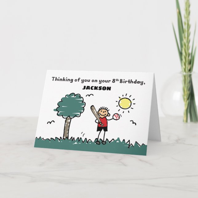 8th Baseball Birthday Custom Name Stick Figure Card (Front)