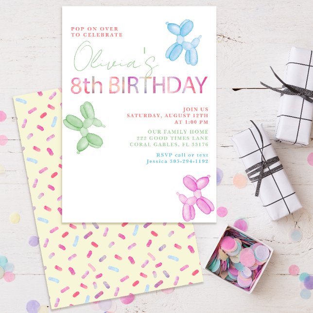 8th Birthday Balloon Animal Invite (modern typography balloon animal eight birthday party invitations)