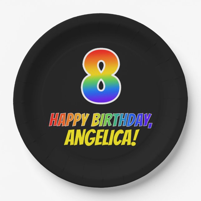 8th Birthday: Bold, Fun, Simple, Rainbow 8 Paper Plate (Front)