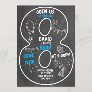 8th Birthday Boy Chalkboard Number Blue Invitation