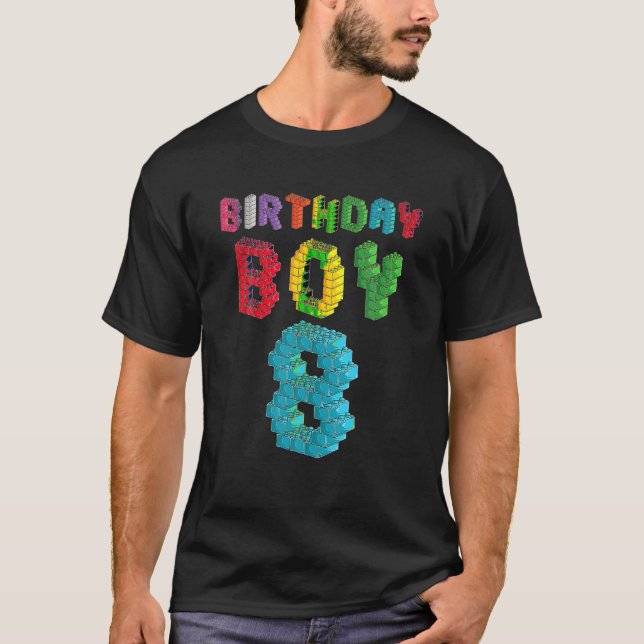 8th Birthday Boy Master Builder 8 Years Old Block  T-Shirt (Front)