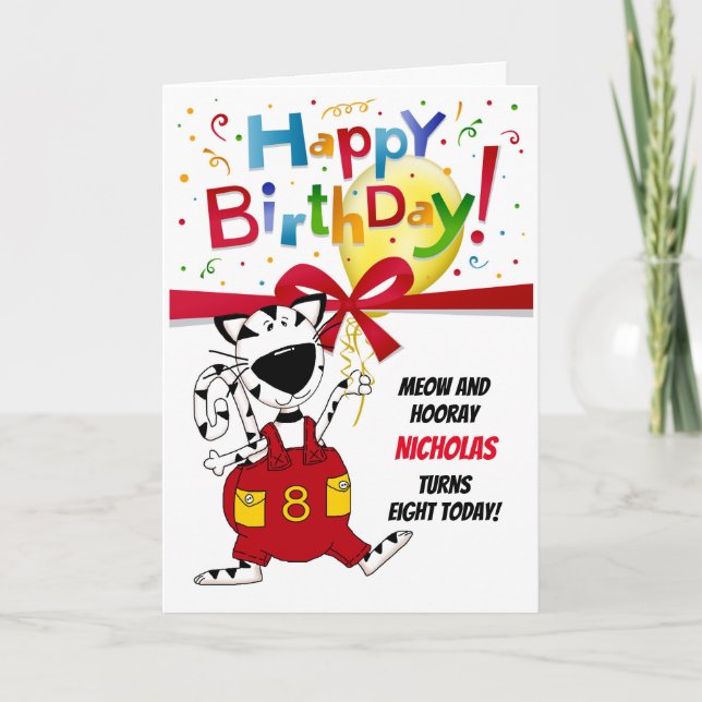 8th Birthday - Boy or Girl - Cute Cartoon Cat Name Card (Front)