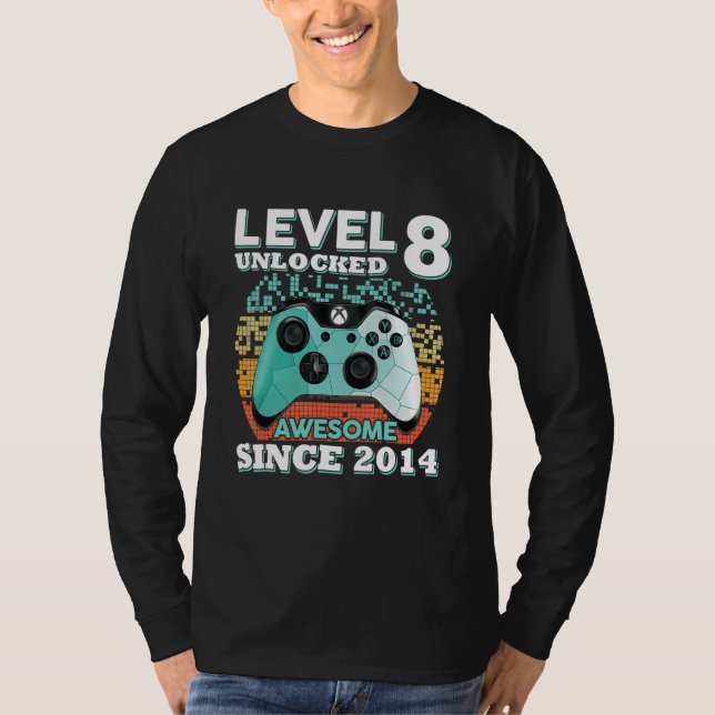 8th Birthday  Boys Level 8 Unlocked Awesome 2014 G T-Shirt (Front)