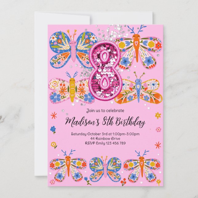 8th Birthday Butterfly Invitation (Front)