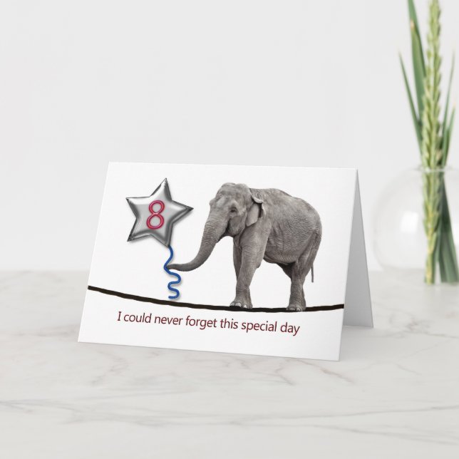 8th Birthday card with tightrope walking elephant (Front)