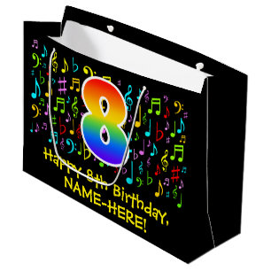 8th Birthday - Colorful Music Symbols, Rainbow 8 Large Gift Bag