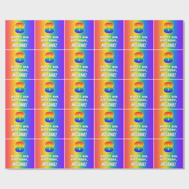 8th Birthday: Colourful, Fun Rainbow Pattern # 8 Wrapping Paper (Flat)