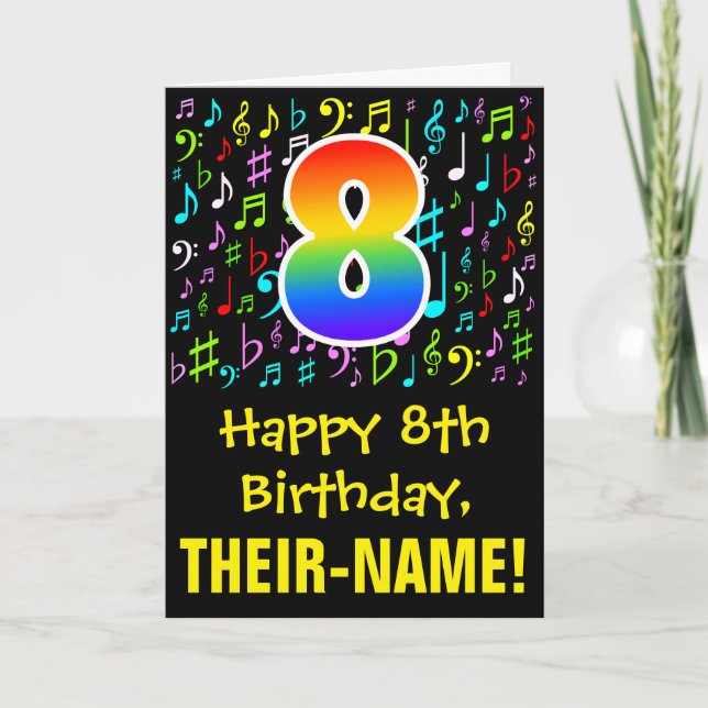 8th Birthday: Colourful Music Symbols + Rainbow 8 Card (Front)