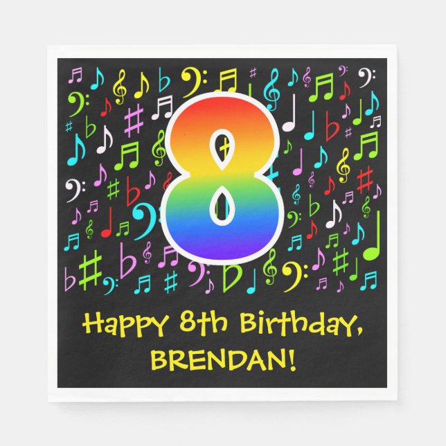 8th Birthday - Colourful Music Symbols, Rainbow 8 Napkin (Front)