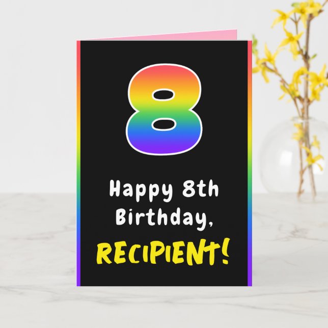 8th Birthday: Colourful Rainbow # 8, Custom Name Card (Yellow Flower)