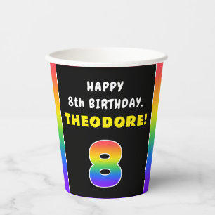 8th Birthday: Colourful Rainbow # 8, Custom Name Paper Cups