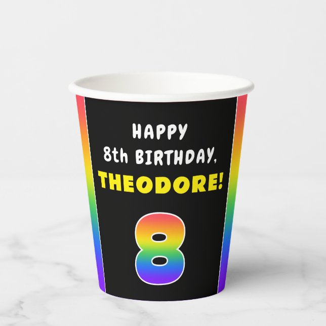 8th Birthday: Colourful Rainbow # 8, Custom Name Paper Cups (Front)