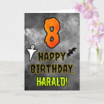 8th Birthday: Eerie Halloween Theme   Custom Name Card<br><div class="desc">The front of this spooky and scary Halloween themed birthday greeting card design features a large number “8”. It also features the message “HAPPY BIRTHDAY, ”, plus a personalised name. There are also depictions of a bat and a ghost on the front. The inside features a personalised birthday greeting message,...</div>