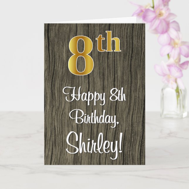 8th Birthday: Elegant Faux Gold Look #, Faux Wood Card (Orchid)
