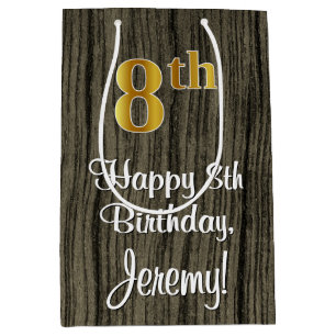 8th Birthday: Elegant Faux Gold Look #, Faux Wood Medium Gift Bag