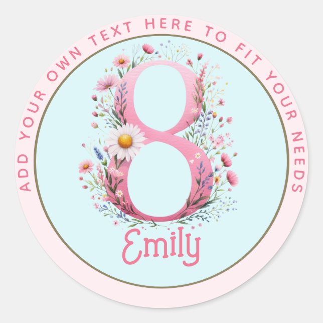 8th Birthday Fairy Floral Pink Princess Fairytale Classic Round Sticker (Front)