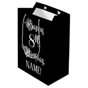 8th Birthday: Fancy, Elegant Script + Custom Name Medium Gift Bag