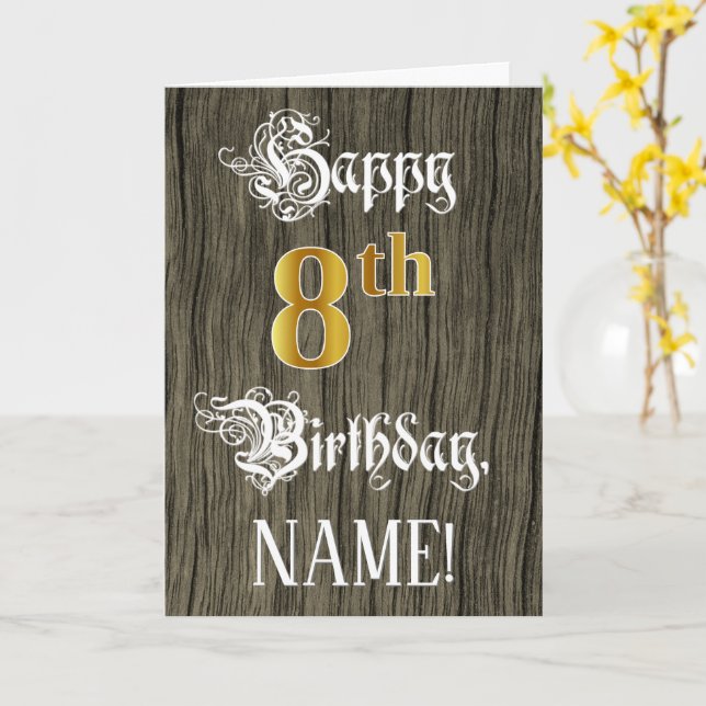 8th Birthday: Faux Gold Look + Faux Wood Pattern Card (Yellow Flower)