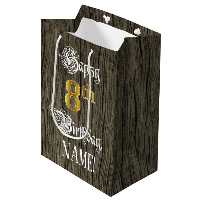 8th Birthday: Faux Gold Look & Faux Wood Pattern Medium Gift Bag (Front Angled)