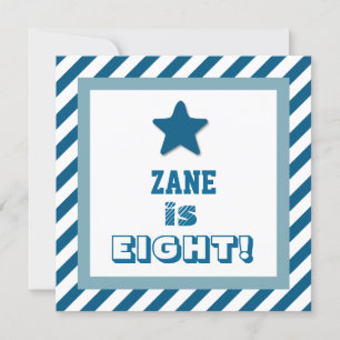 8th Birthday Festive Blue Stripes Blue Star V07 Invitation