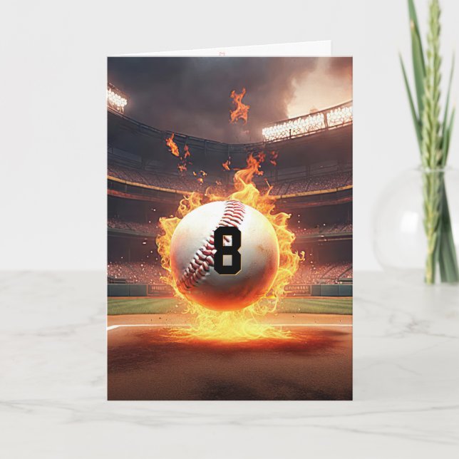 8th Birthday Flaming Baseball Card (Front)