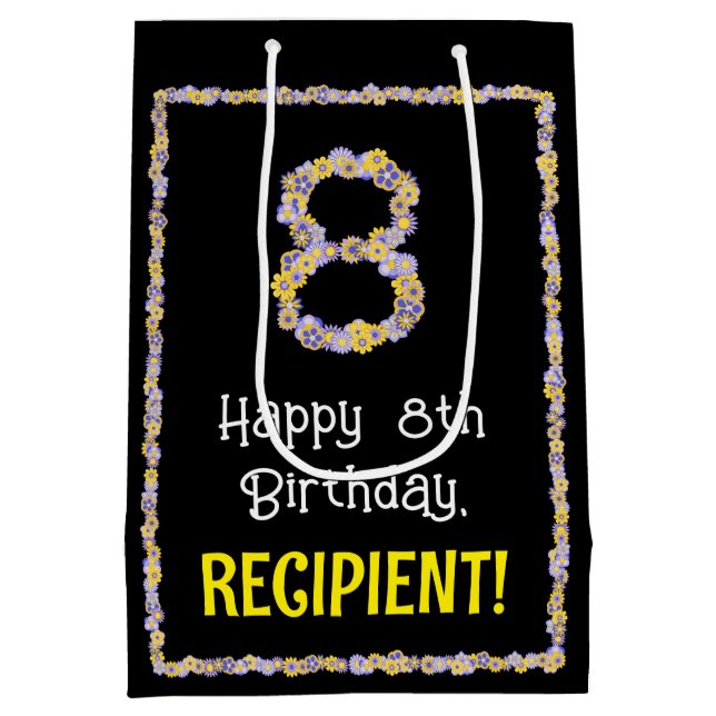 8th Birthday: Floral Flowers Number, Custom Name Medium Gift Bag (Back)
