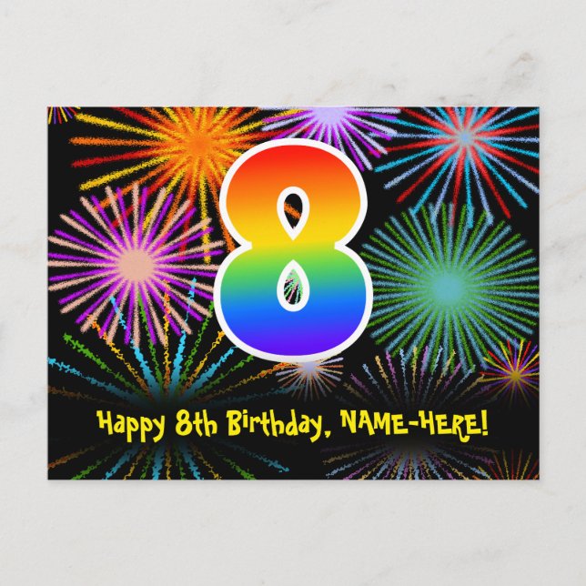 8th Birthday – Fun Fireworks Pattern + Rainbow 8 Postcard (Front)