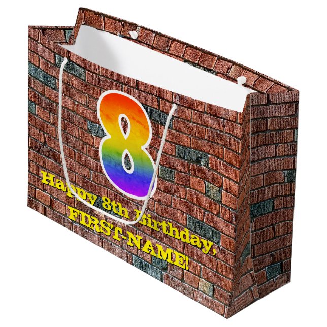 8th Birthday: Fun, Graffiti-Inspired Rainbow # 8 Large Gift Bag (Front Angled)