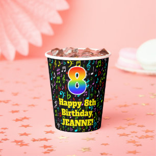 8th Birthday: Fun Music Notes Pattern, Rainbow 8 Paper Cups