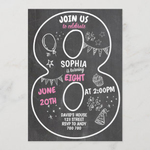 8th Birthday Girl Chalkboard Number Pink Invitation
