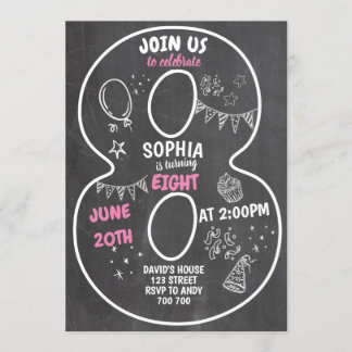 8th Birthday Girl Chalkboard Number Pink Invitation