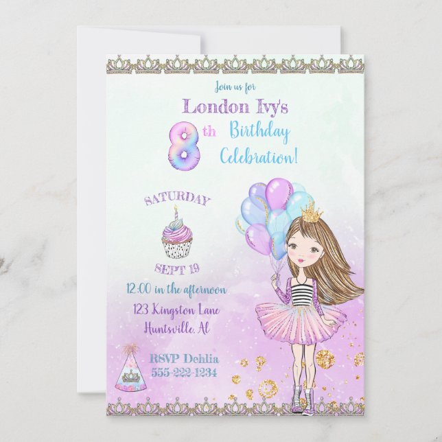 8th Birthday Girl Princess Cupcake Balloons Invitation (Front)